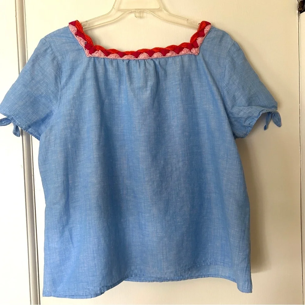 Talbots Blue Linen Top Crochet Trim Pink Coral Short Tie Sleeve Blouse size 2XP - Picture 11 of 16